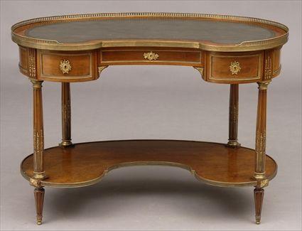 Appraisal: LOUIS XVI BRASS-MOUNTED MAHOGANY TABLE A ROGNON The pierced gallery