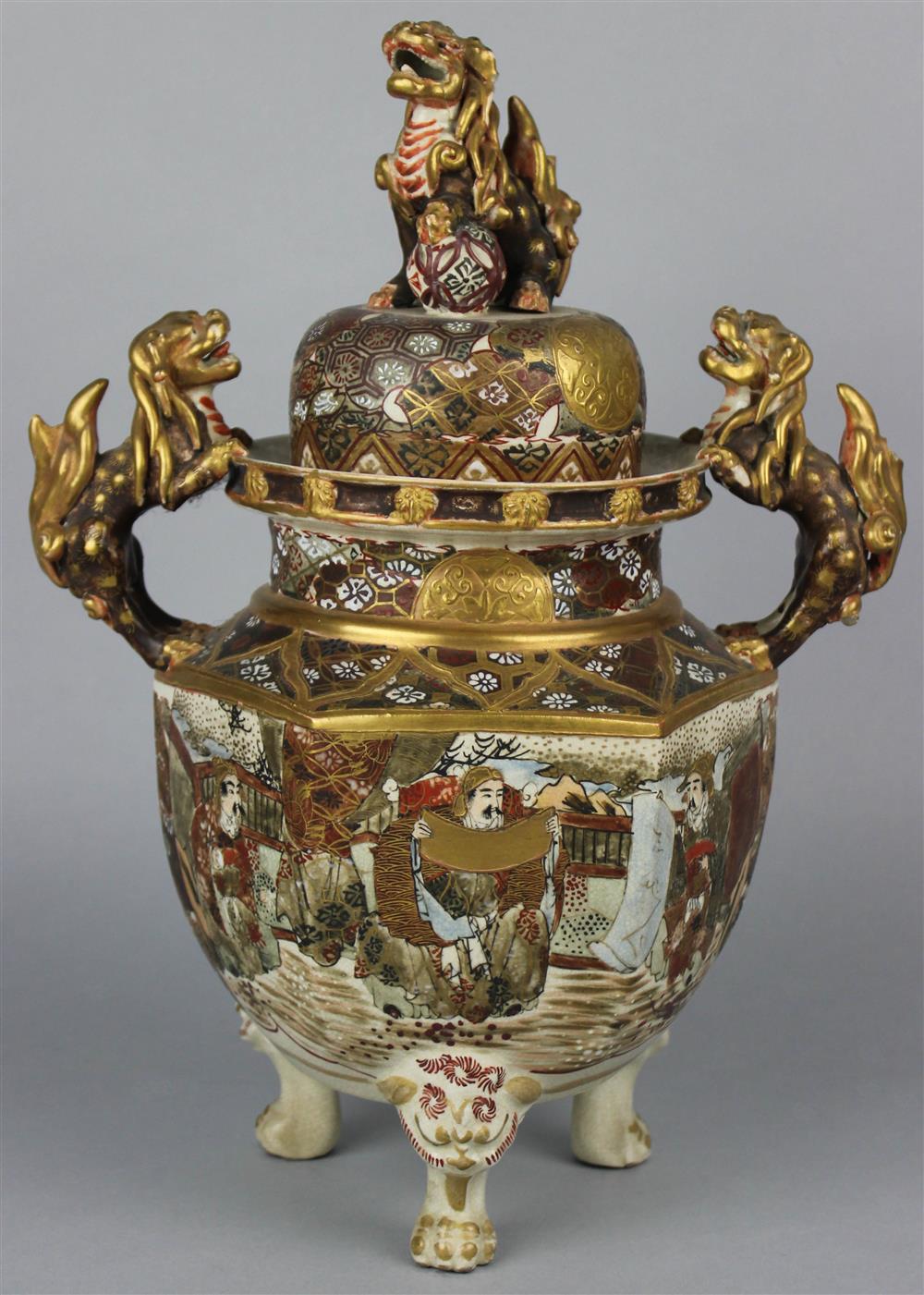 Appraisal: JAPANESE EARTHENWARE CENSER in the Satsuma style with gilt-highlighted figures