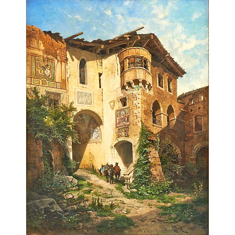 Appraisal: LEOPOLD MUNSCH Austrian - Oil on canvas of Castle Courtyard