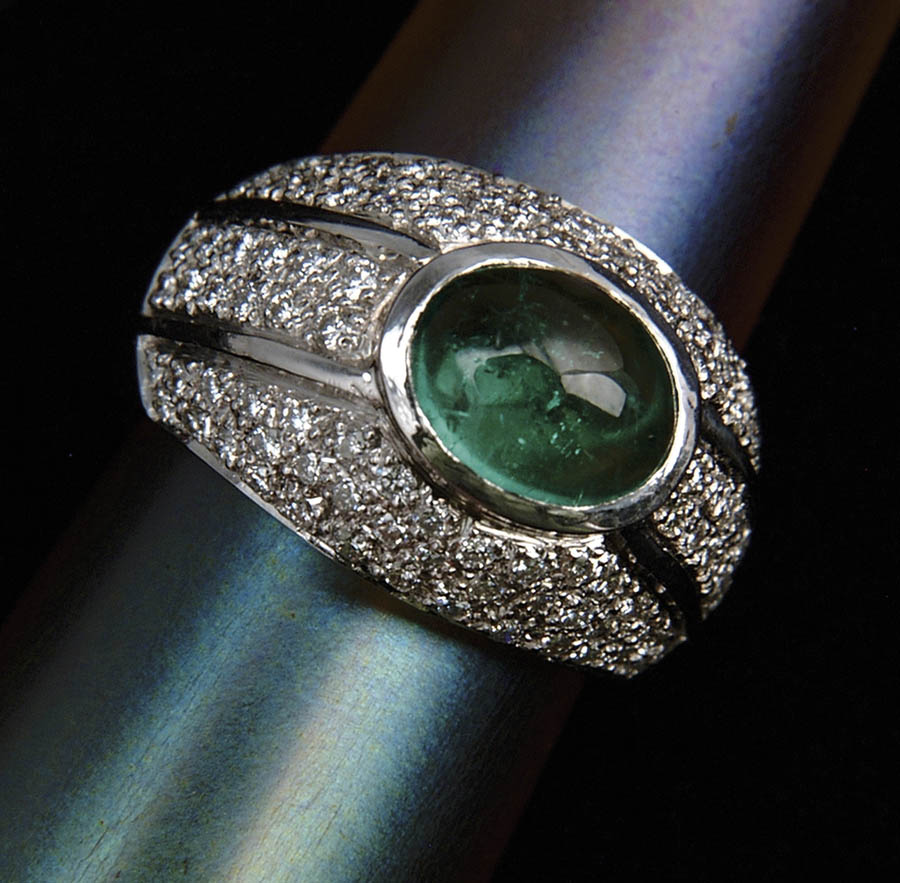 Appraisal: CABOCHON EMERALD AND DIAMOND RING kt white gold ring has