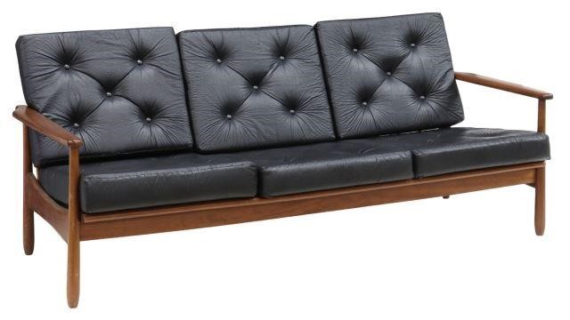 Appraisal: Mid-century modern three-seat sofa c s teak frame having turned