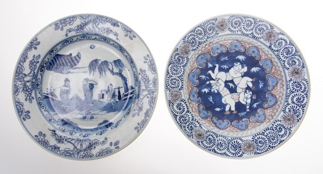 Appraisal: Chinese Blue White Porcelain Plates Two Chinese blue and white