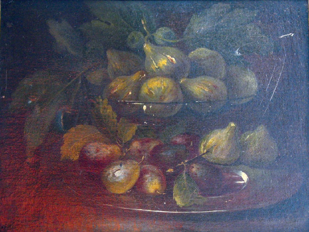 Appraisal: SPANISH SCHOOL th century Figs and other fruit in a