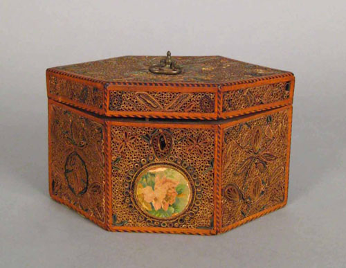 Appraisal: English quillwork tea caddy late th c with barberpole inlaid