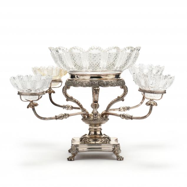 Appraisal: English Silverplate and Cut Crystal Epergne Early th century berry