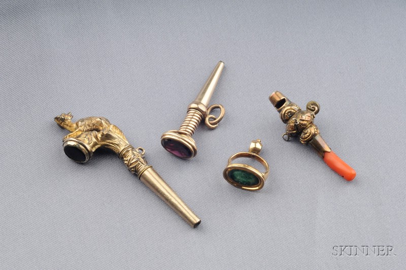 Appraisal: Group of Antique Gold and Gilt Watch Keys and Fob