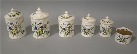 Appraisal: SET OF SIX CERAMIC CANISTERS Cookies Flour Sugar Coffee Tea