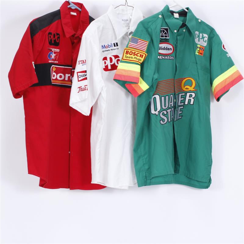 Appraisal: Three Auto Racing Pit Crew Shirts Size L Green Quaker