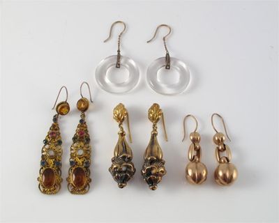 Appraisal: Two pairs of antique gold drop earrings A pair of