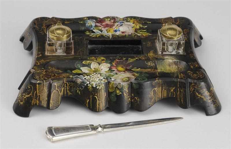 Appraisal: VICTORIAN BLACK LACQUER PAINTED PAPIER M CH INKSTAND With floral