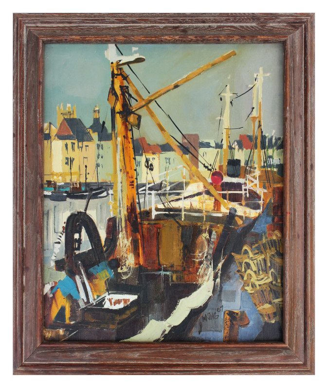 Appraisal: KING Michel French - Dockside Scene ''Chalutier'' Oil Canvas ''