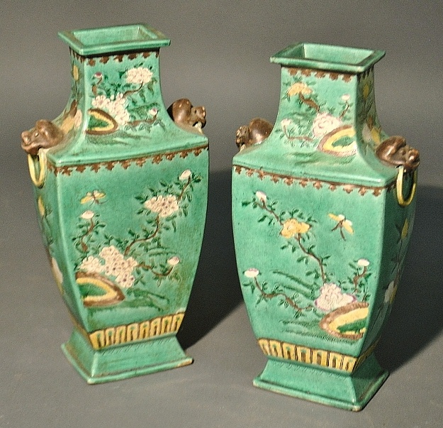 Appraisal: - Pair of green Chinese porcelain vases th c with