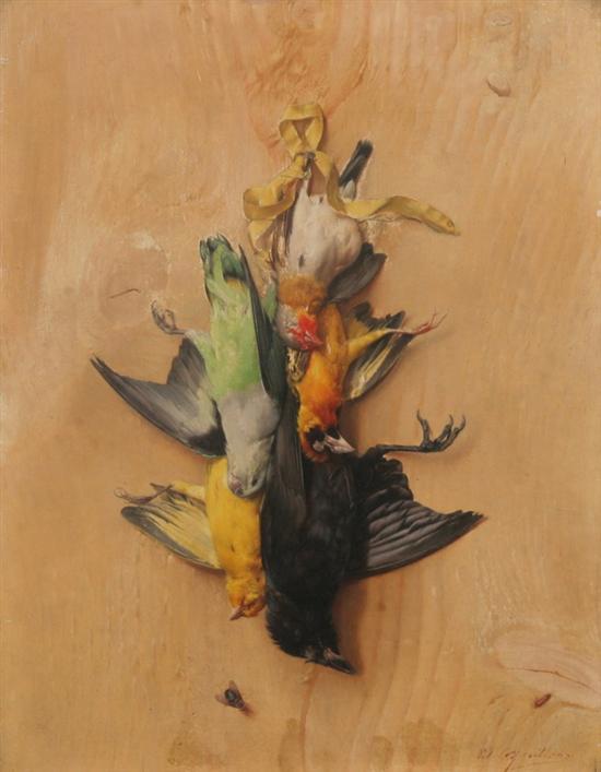 Appraisal: EDUARD QUITTON Belgian - TROMPE L' OEIL WITH BIRDS signed