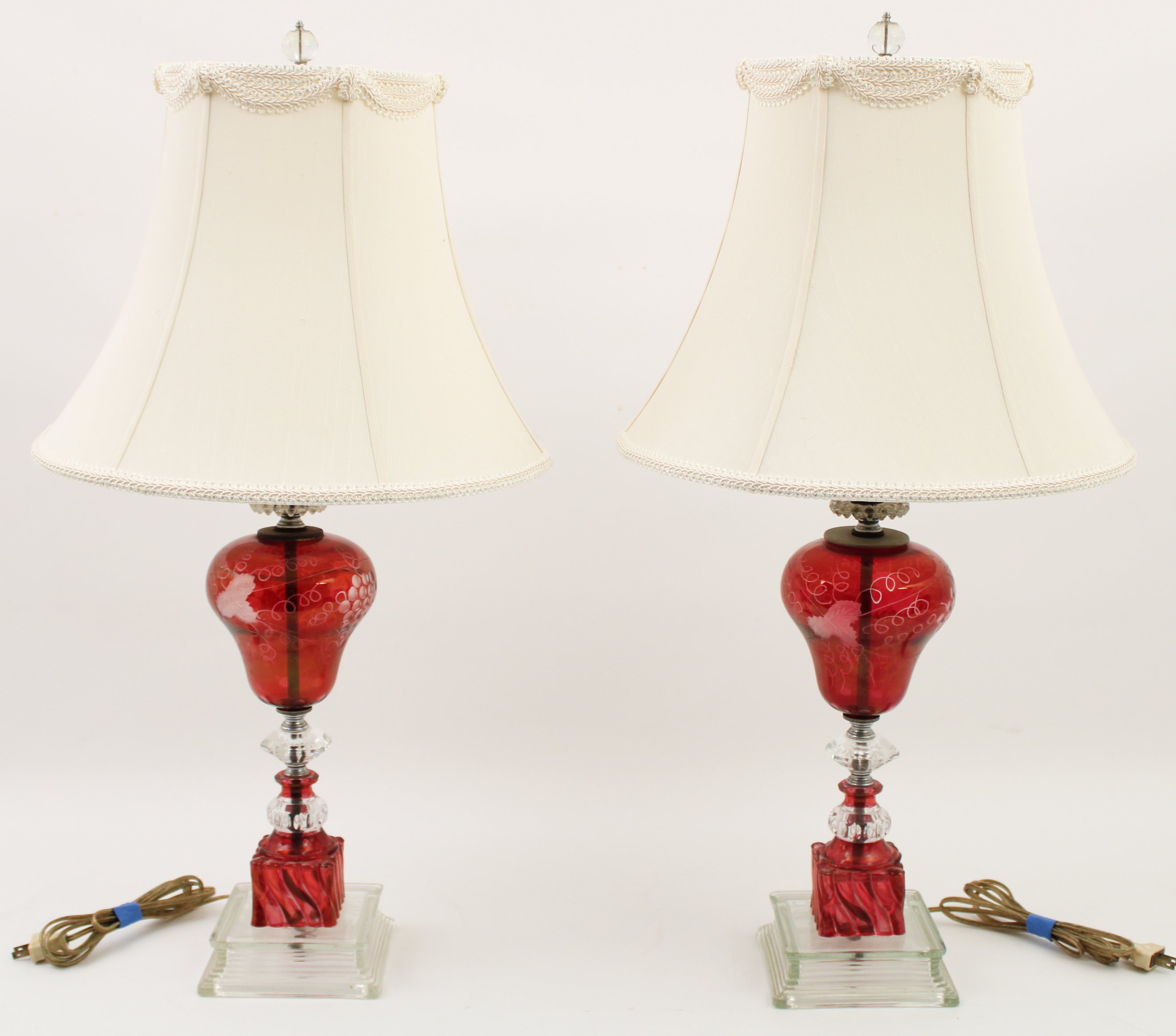 Appraisal: PR OF RED BOHEMIAN GLASS CUT TO CLEAR OIL LAMPS