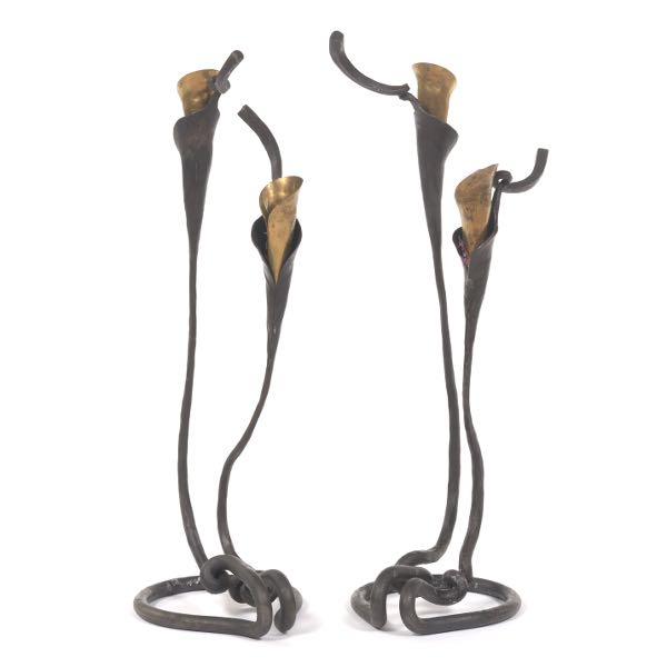 Appraisal: TWO WROUGHT IRON CALLA LILLY TWO-LIGHT CANDLESTICKS x x tallest