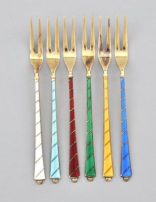 Appraisal: A Boxed Set of Enameled Danish Cocktail Forks Each enameled