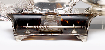 Appraisal: Edwardian sterling silver mounted tortoiseshell inkstand william comyns son london