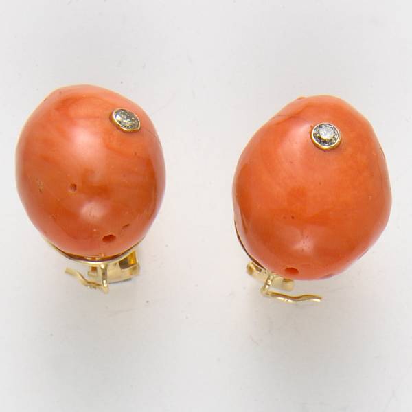 Appraisal: A pair of coral diamond and k gold earrings