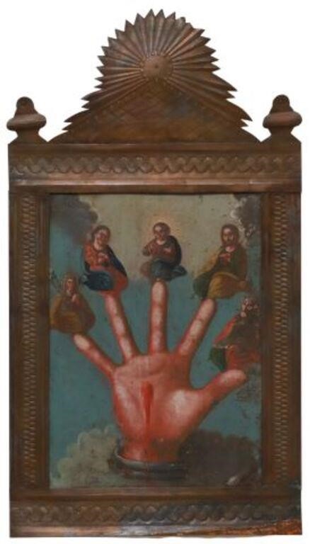 Appraisal: Framed oil on tin retablo La Omnipotente Mano Poderosa Las