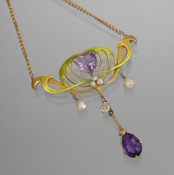 Appraisal: An Art Nouveau Enamel Diamond Amethyst and Pearl Lavaliere k