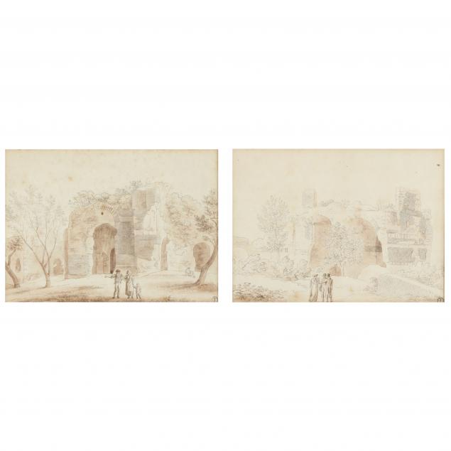 Appraisal: PAIR OF ANTIQUE FRENCH SCHOOL LANDSCAPE DRAWINGS WITH RUINS AND