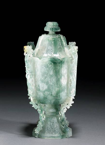 Appraisal: A mottled green jadeite covered vase th Century Of octagonal