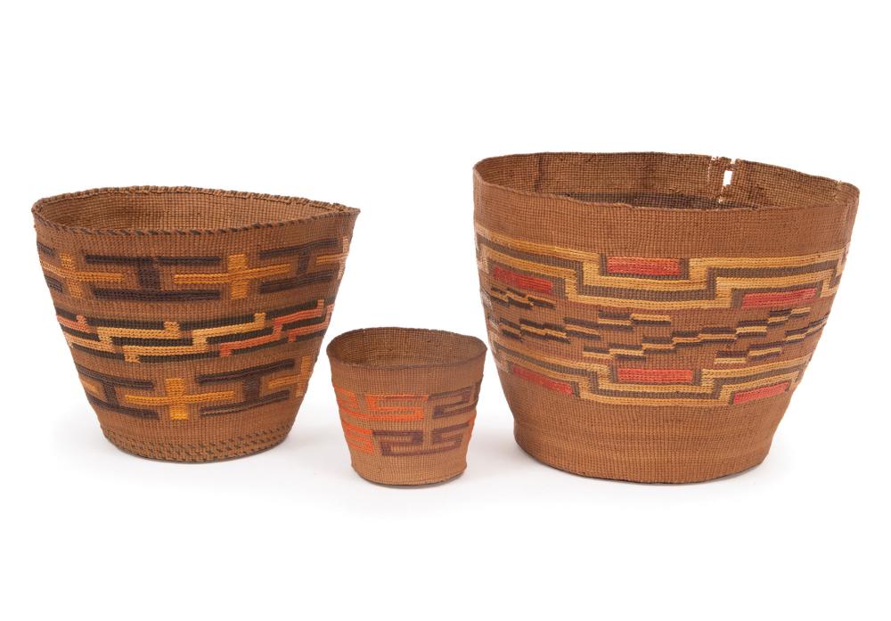 Appraisal: Three Tlingit Baskets c slighly tapering bodies with polychrome geometric