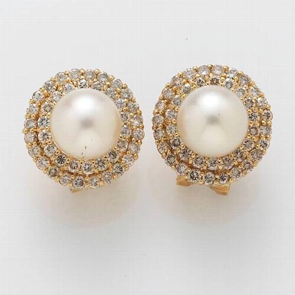 Appraisal: A pair of cultured pearl diamond and k gold earrings