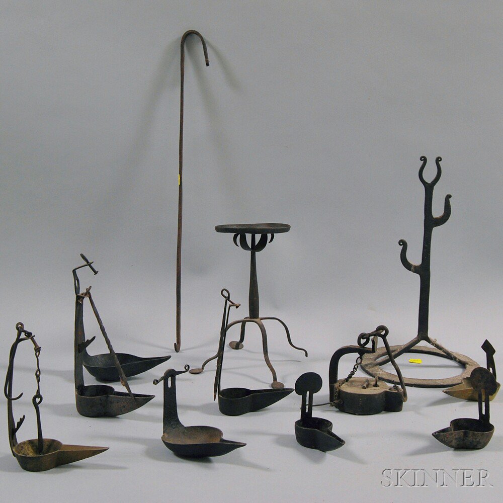 Appraisal: Nine Wrought Iron and Metal Betty Lamps and Three Stands