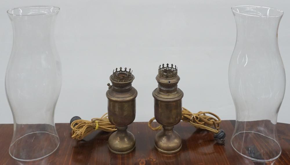 Appraisal: PAIR BRONZE LAMPS AND PAIR HURRICANE GLASS SHADESPair Bronze Lamps