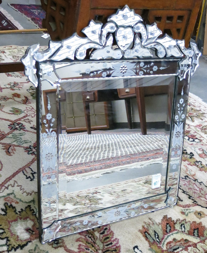 Appraisal: VENETIAN STYLE WALL MIRROR a square beveled mirror with scalloped