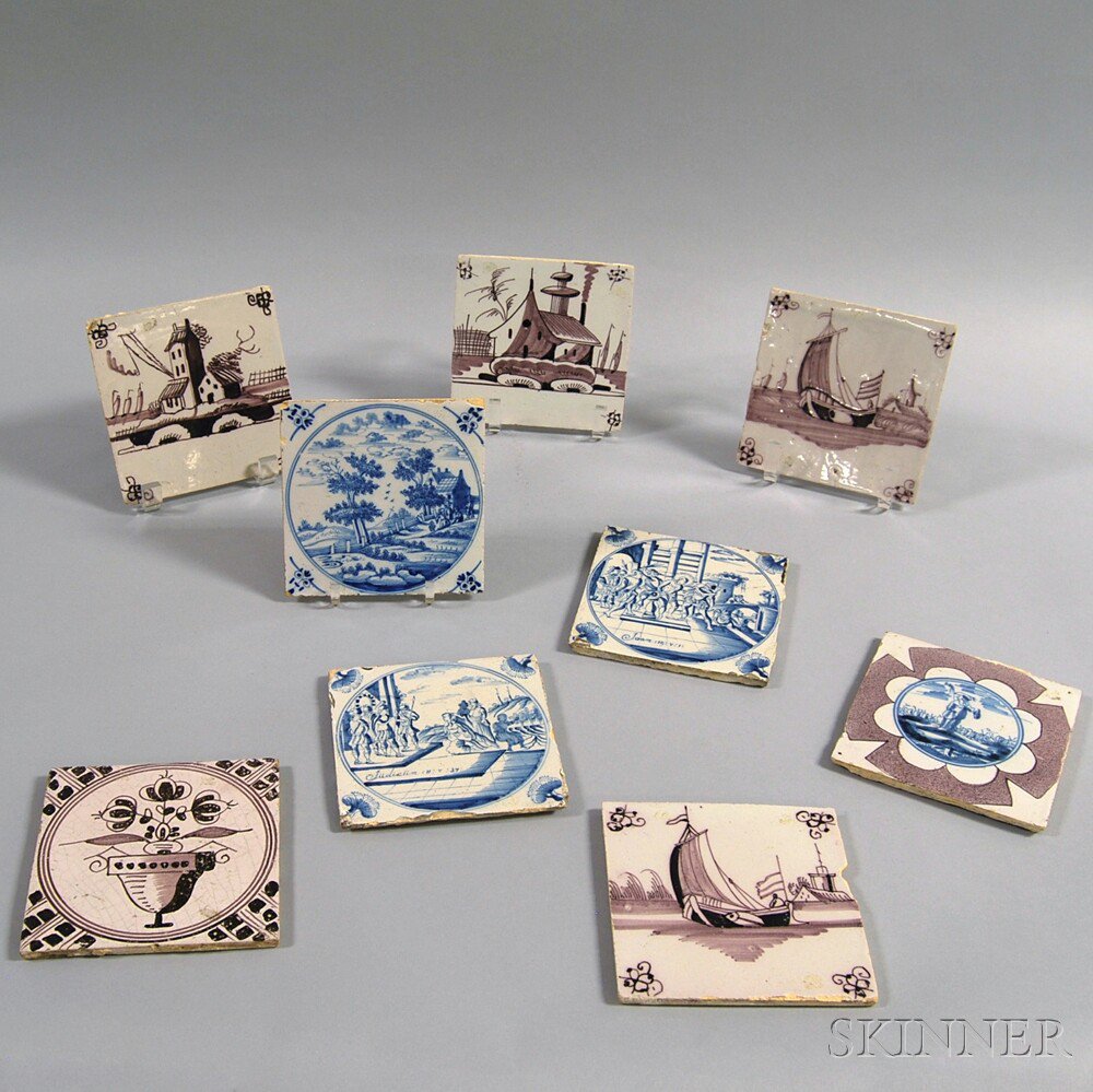 Appraisal: Nine Delft Tiles northern Europe th century three blue-and-white and