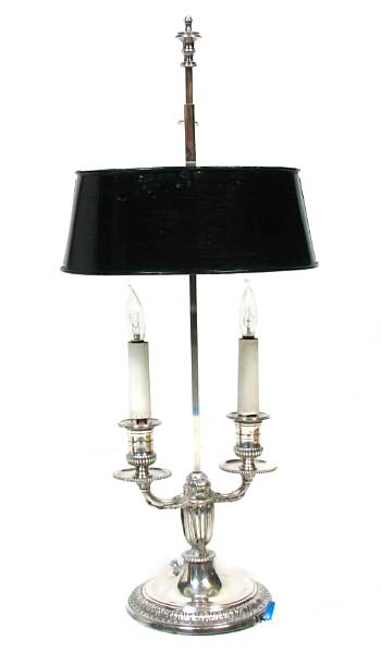 Appraisal: A French silverplate bouillotte lamp height to finial in