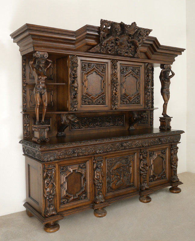 Appraisal: PALATIAL STENCEL CARVED OAK COURT CUPBOARD Outrageously carved with figural