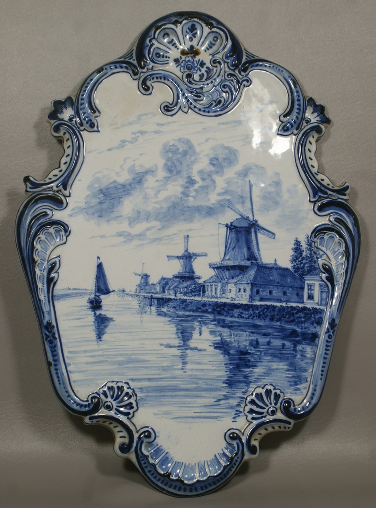 Appraisal: Delft wall plaque scalloped design with sailboats and windmills in