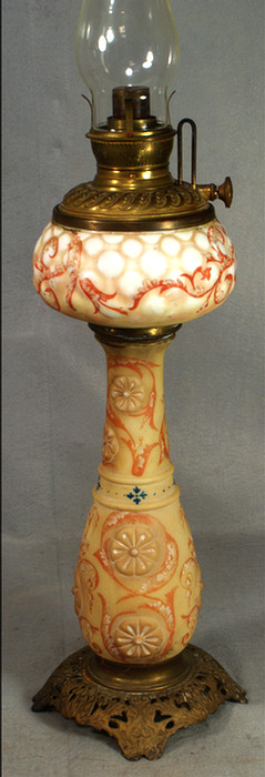 Appraisal: Satin finished Victorian banquet lamp HP bellflower design never electrified