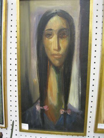 Appraisal: R Vejarano Oil Lady with Long Braids Peruvian artist image