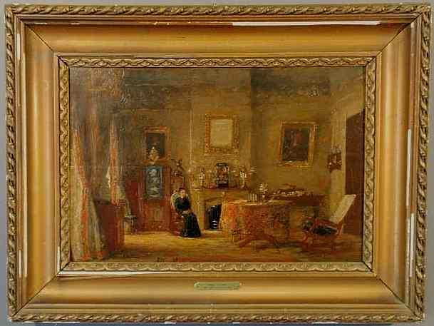 Appraisal: Oil on panel painting of a drawing room scene with