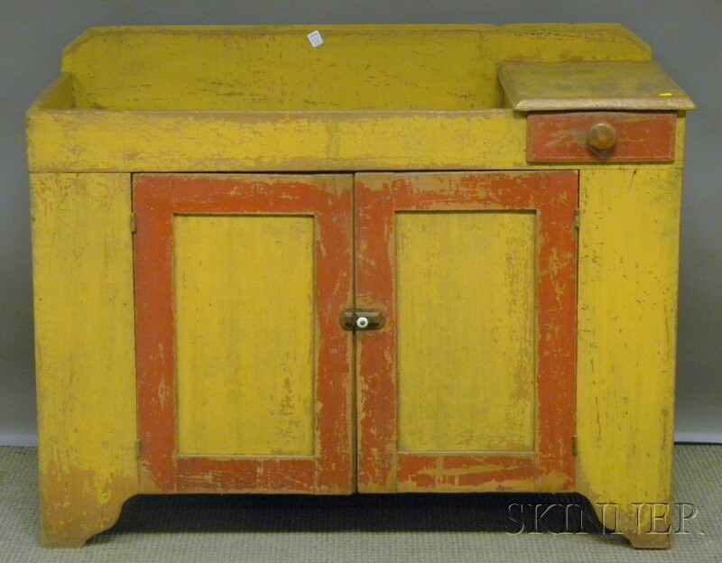 Appraisal: Yellow and Red-painted Wooden Dry Sink overall ht wd dp