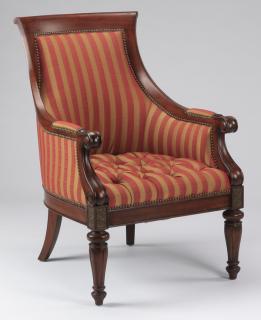 Appraisal: Empire style armchair upholstered in striped fabric Empire Style armchair