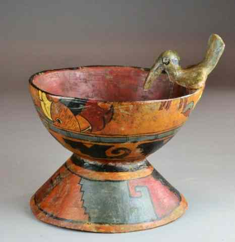 Appraisal: Early Mexican Polychrome Painted Figural BasinThe compote shaped basin polychrome