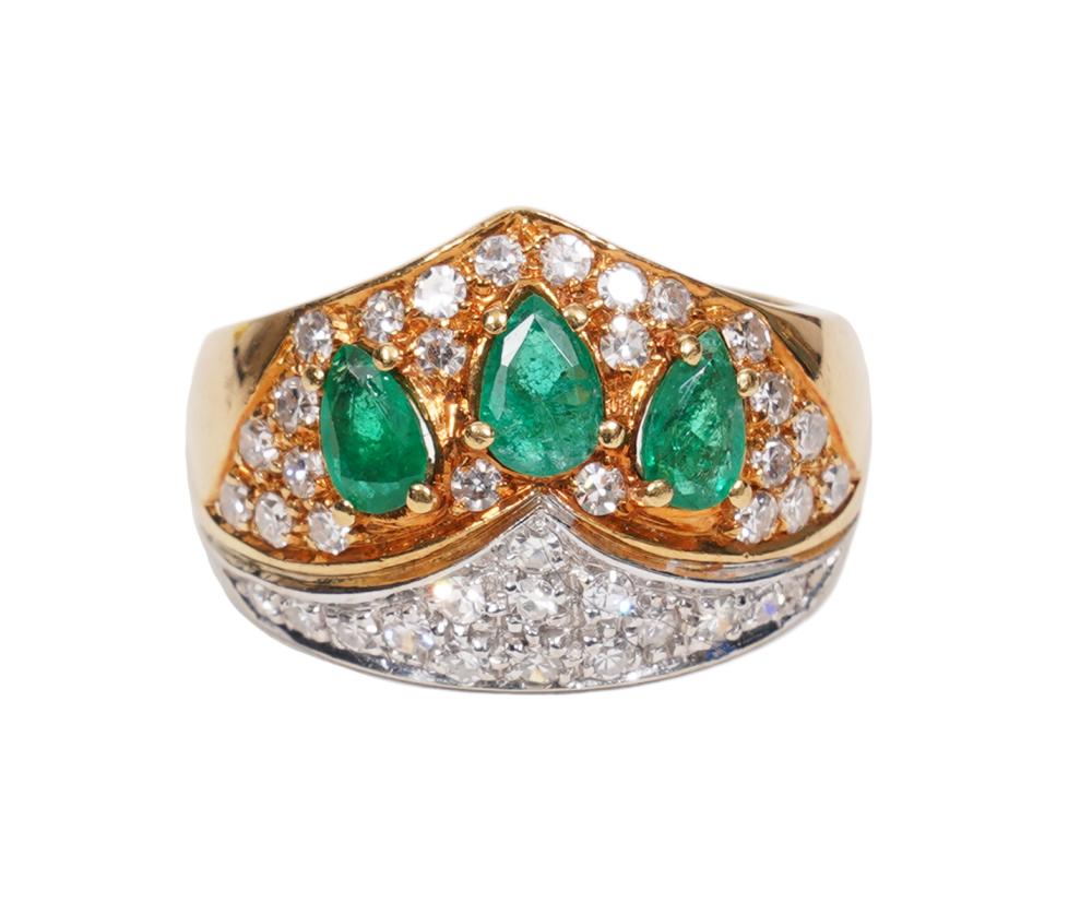 Appraisal: K YELLOW GOLD EMERALD DIAMOND RINGThree pear shaped faceted emeralds