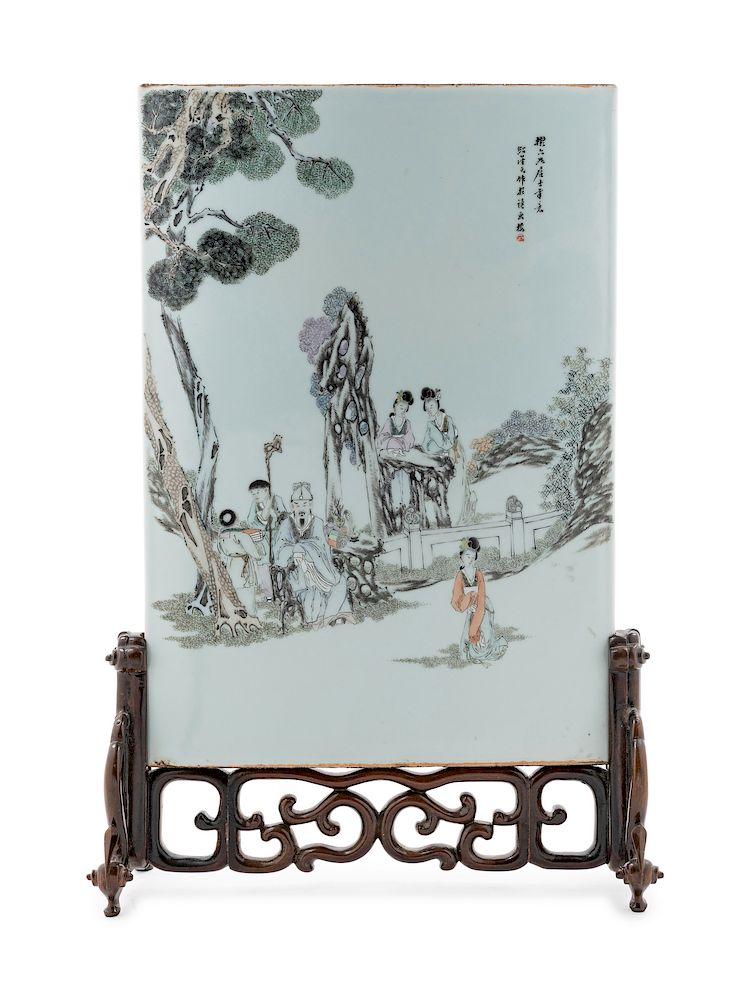 Appraisal: A Chinese Grisaille Decorated Porcelain Table Screen Height overall in