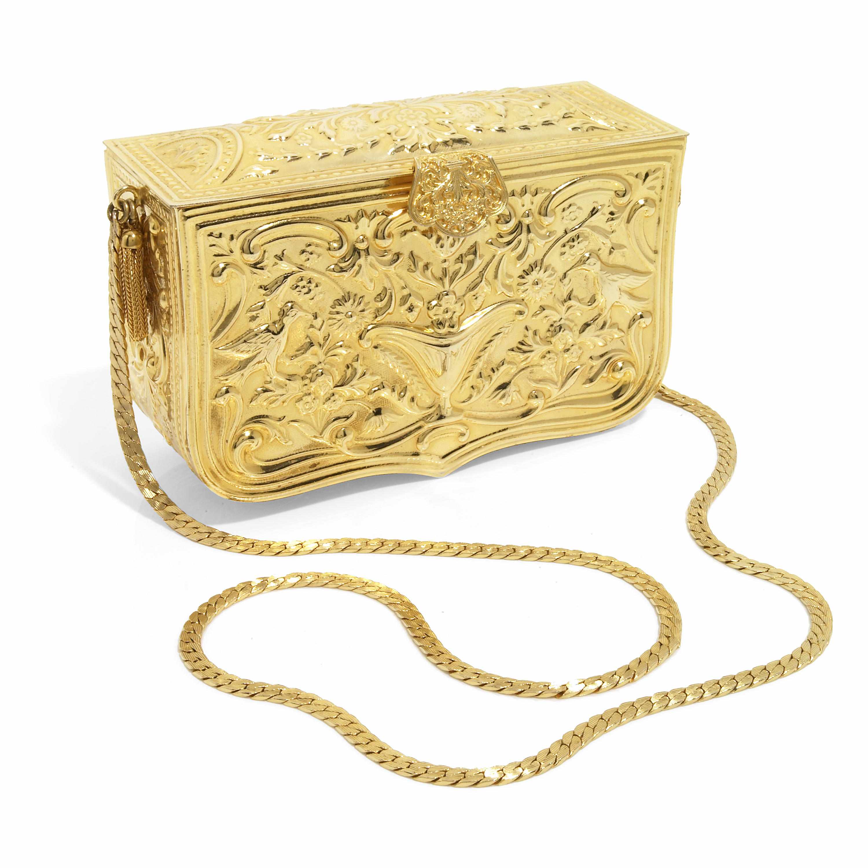 Appraisal: A gold colored metal embossed purse with attached strap signed