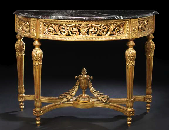 Appraisal: Tall French Carved Giltwood and Marble-Top Demi-lune Console Table fourth