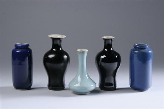 Appraisal: FIVE CHINESE MONOCHROME VASES Qing Dynasty Two blue rouleau-form vases