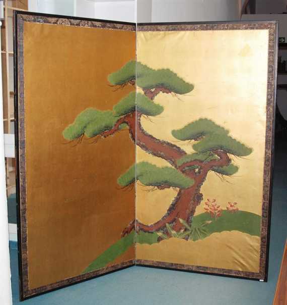 Appraisal: A TWOFOLD GOLD GROUND SCREEN OF AN OLD PINE Japan