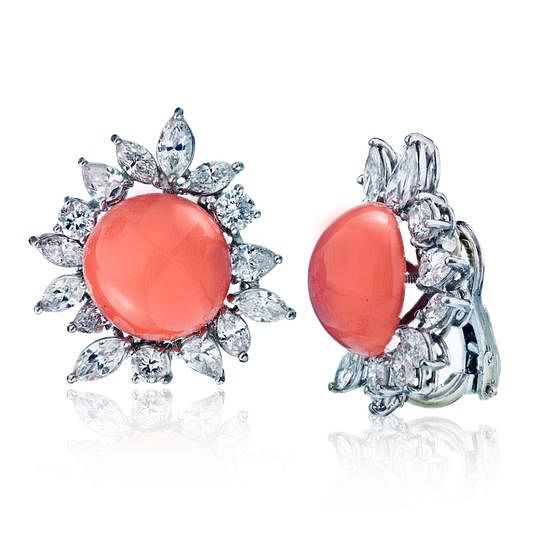 Appraisal: CIRCA 'S PLATINUM CARAT DIAMOND AND CORAL CIRCA 'S PLATINUM