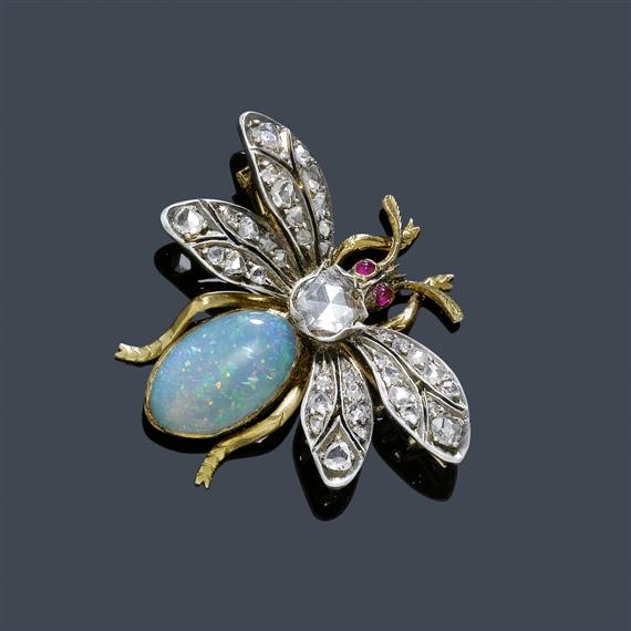 Appraisal: A th C OPAL AND DIAMOND BROOCH Silvered yellow gold