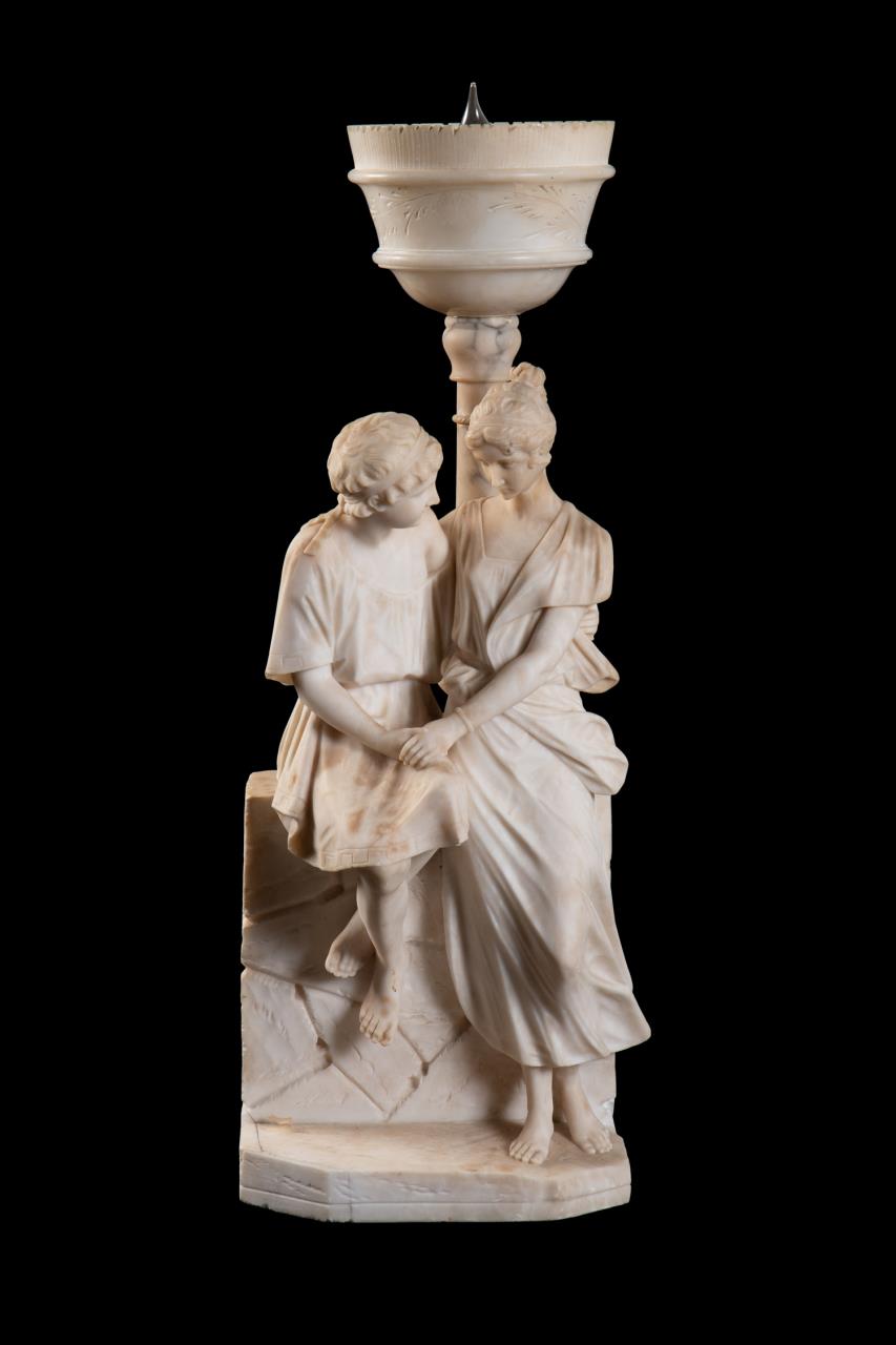 Appraisal: ALABASTER TABLE LAMP YOUNG COUPLE HOLDING HANDS Italian School Young